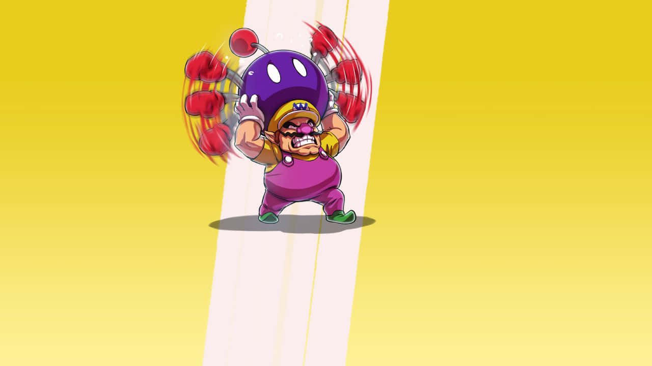 wario 桌布 壁紙 — 一個卡通紫色蘑菇角色，戴著拳擊手套和頭盔，在明亮的黃色背景上向前出拳。