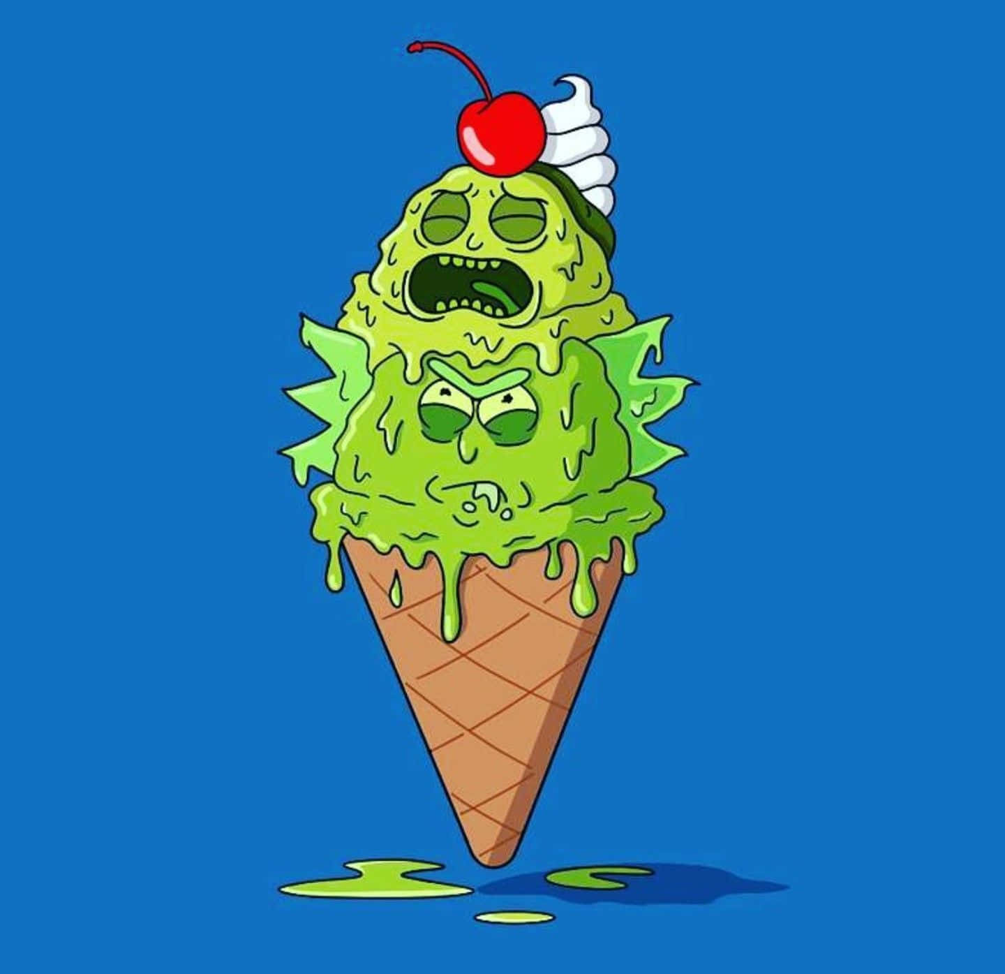 The Cromulons 桌布 壁紙 — 一個卡通綠色冰淇淋甜筒，有兩個憤怒的臉孔從側面滴落，上面有櫻桃和鮮奶油，背景為純藍色。
