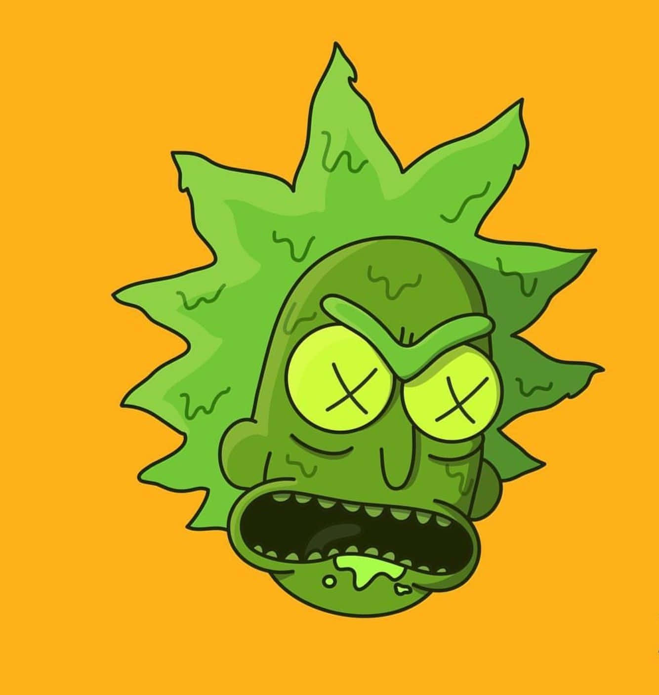 Total Rickall 桌布 壁紙 — 一個卡通綠色外星人，頭髮尖刺，眼睛打叉，在純橙色背景上尖叫。