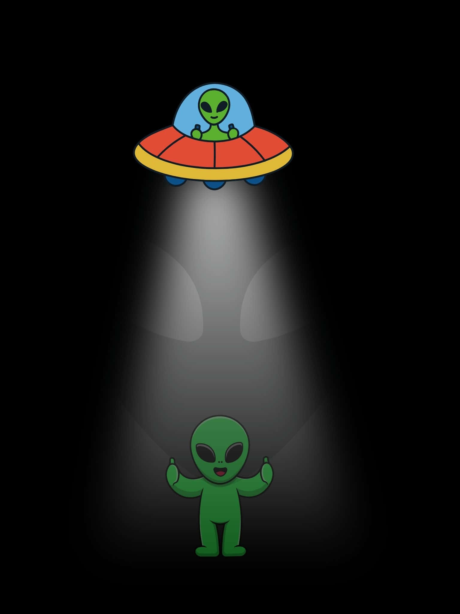 酷 桌布 壁紙 — 一個卡通綠色外星人在UFO中將聚光燈照在下方一個快樂的綠色外星人身上，背景為黑色。