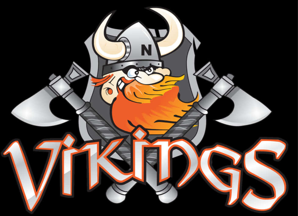Vikings Logo 桌布 壁紙 — 一個卡通維京人，有著火焰般的鬍鬚和帶角的頭盔，站在交叉的斧頭後面，下方有粗體的「Vikings」文字。