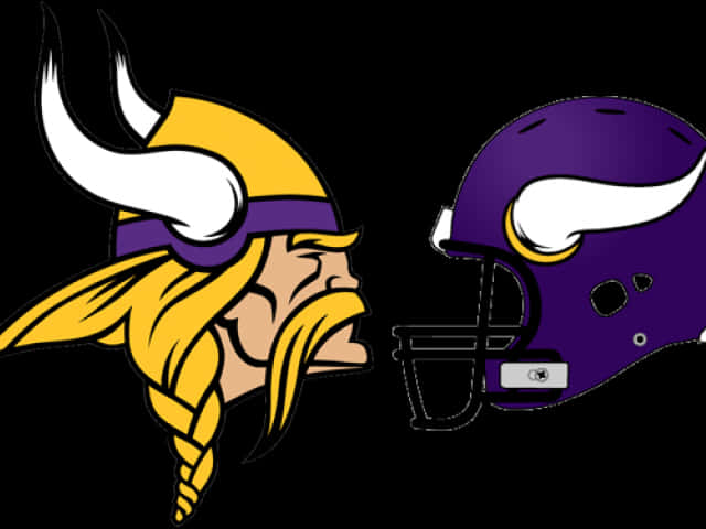 Vikings Logo 桌布 壁紙 — 一個卡通維京戰士，梳著辮子金髮，面對一個帶有白色角的紫色美式足球頭盔，兩者均置於黑色背景上。
