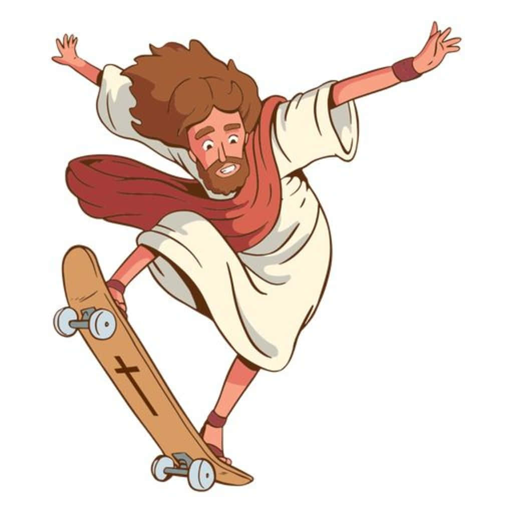 Cool Jesus 桌布 壁紙 — 一個卡通耶穌，棕色頭髮和鬍鬚，穿著白色長袍和紅色圍巾，在空中伸展雙臂滑滑板。