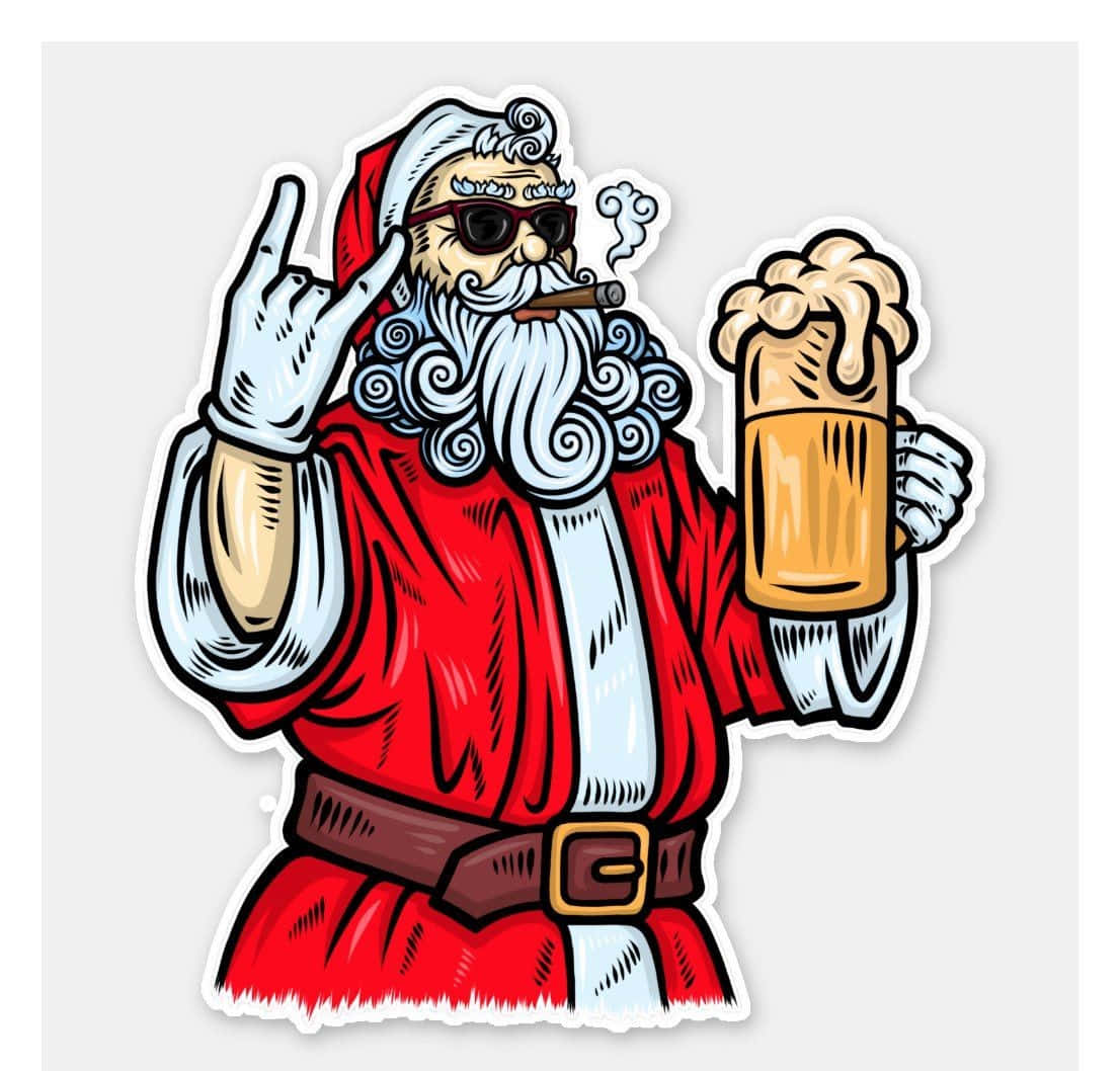 Santa Claus 桌布 壁紙 — 一個卡通聖誕老人穿著紅色西裝，戴著太陽眼鏡和雪茄，做出搖滾手勢，同時拿著一杯泡沫啤酒。