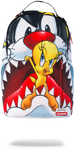 崔弟 桌布 壁紙 — 一個卡通背包，Tweety Bird自信地站在鯊魚牙齒上，Sylvester the Cat在後面潛伏。
