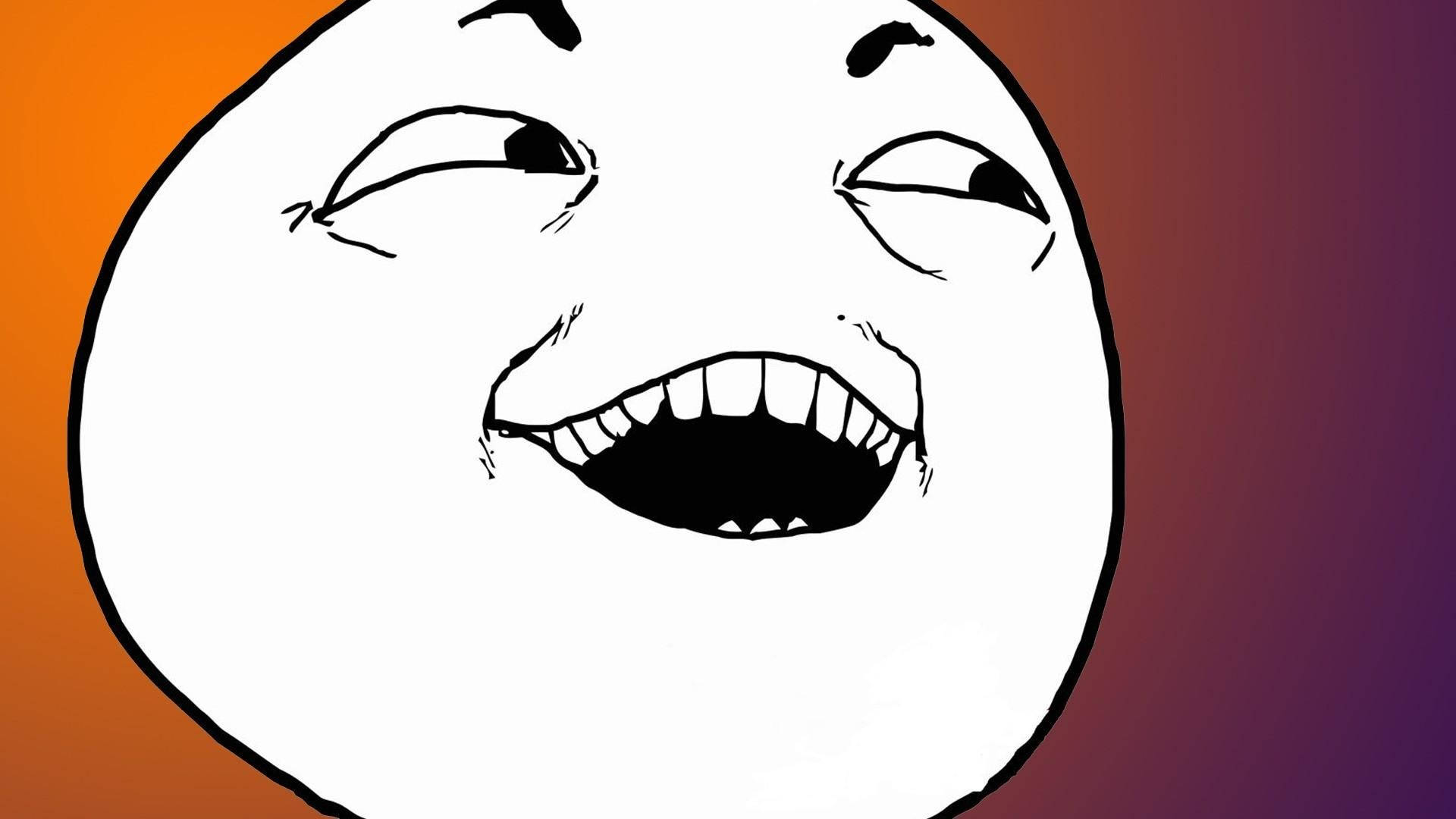 meme 桌布 壁紙 — 一個卡通臉，咧嘴大笑，瞇著眼睛，背景是橙色到紫色的漸變。