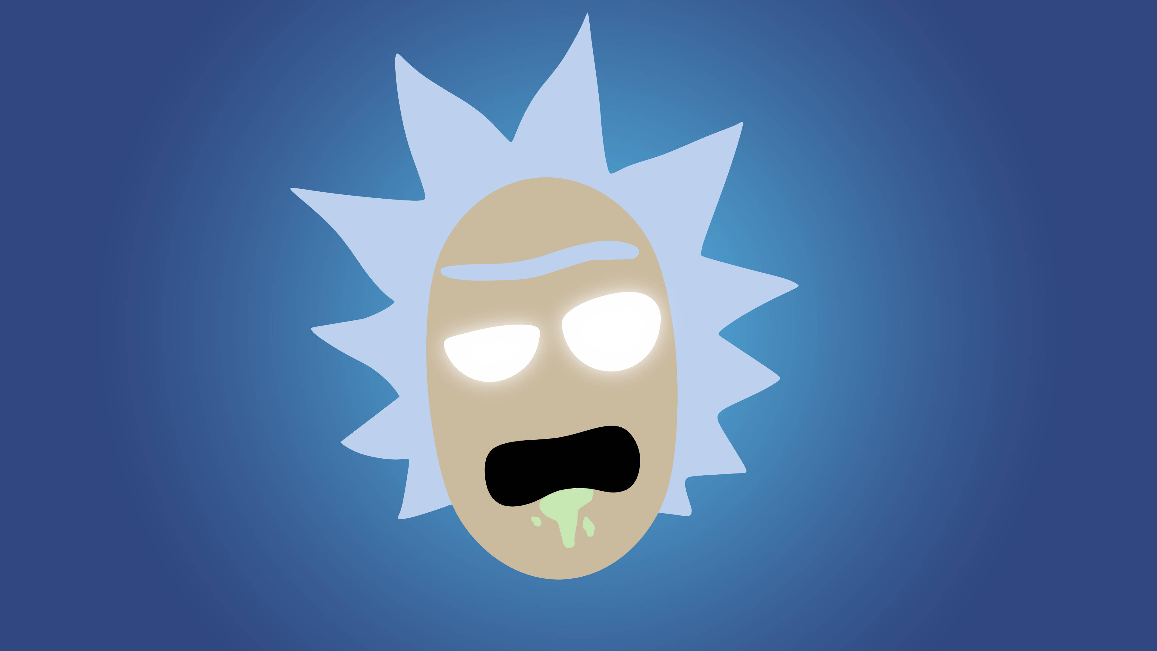 rick 桌布 壁紙 — 一個卡通臉孔，有尖刺的白髮、發光的眼睛和綠色的口水，背景是藍色漸變。
