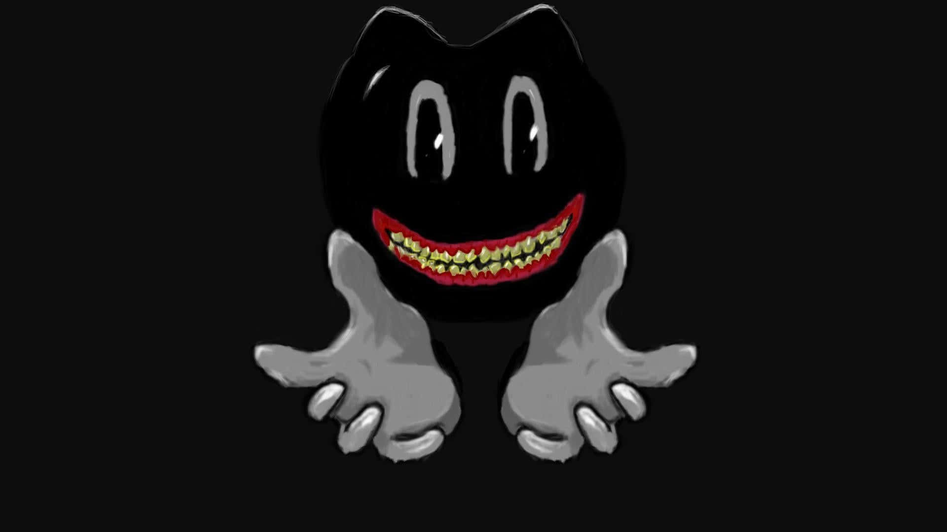 Cartoon Cat Scary 桌布 壁紙 — 一個卡通般的黑色生物，有著大眼睛和露齒笑容，在黑暗背景中伸出灰色雙手。