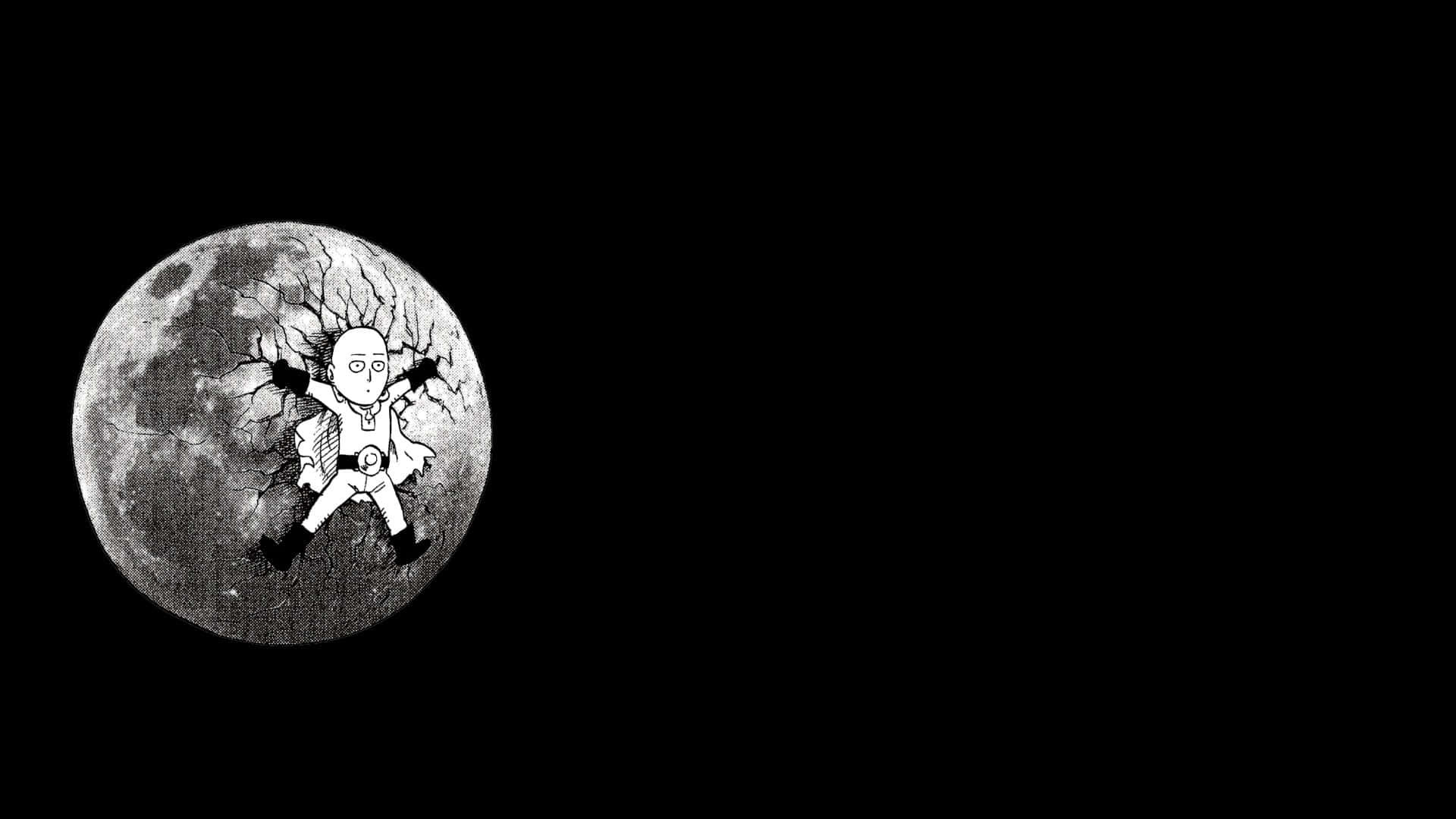 One Punch Man Minimalist 桌布 壁紙 — 一個卡通英雄衝破月球表面，裂縫向黑色虛空輻射開去。