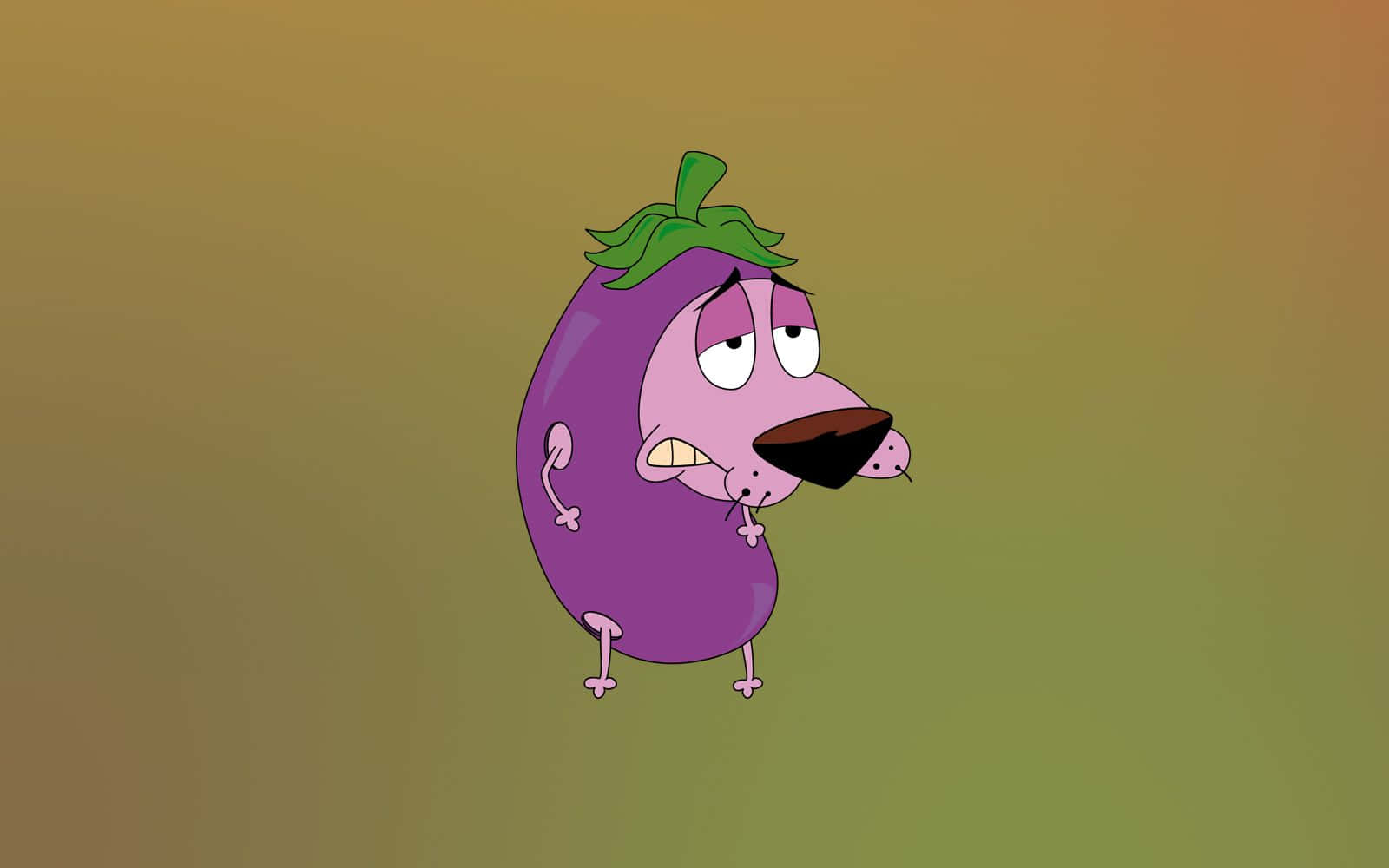 courage the cowardly dog 桌布 壁紙 — 一個卡通茄子，帶著不高興的表情和小小的腿，站在漸變背景前。