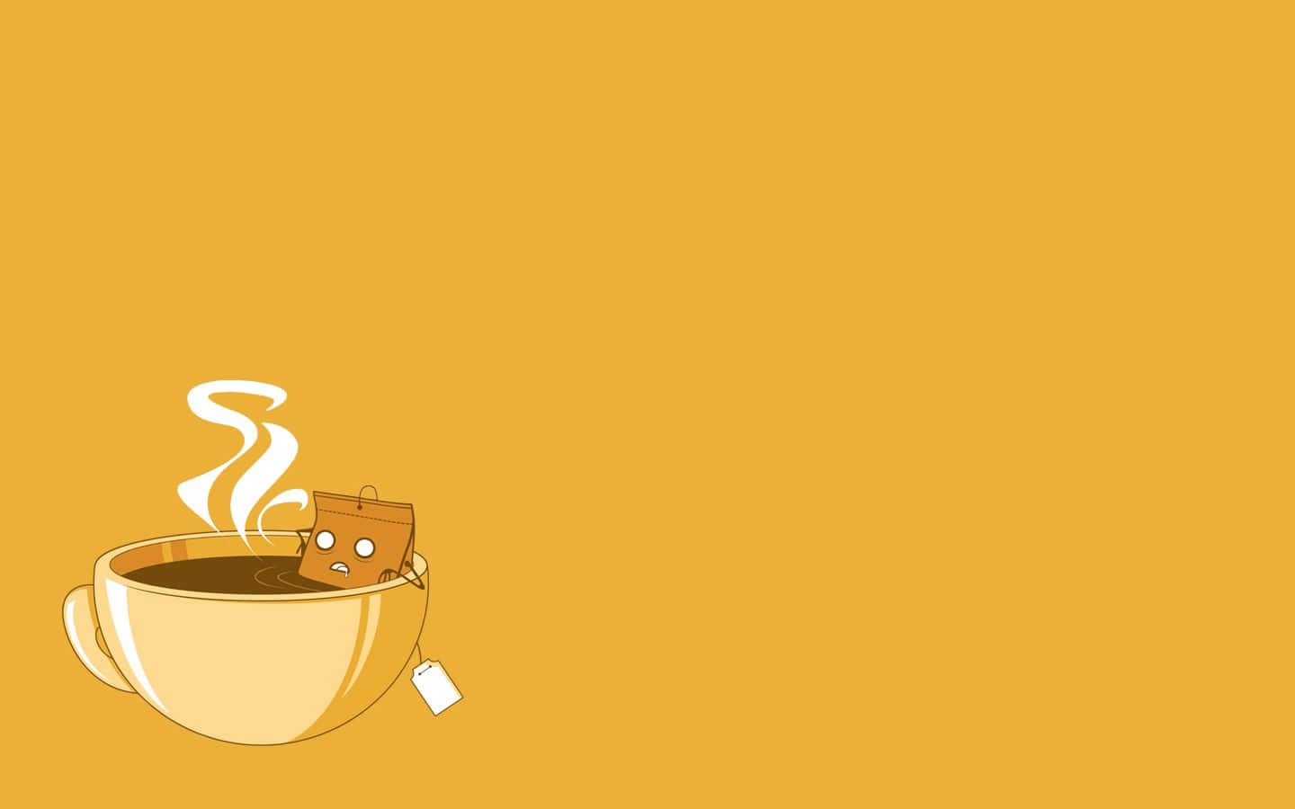 Minimalist Coffee 桌布 壁紙 — 一個卡通茶包，帶著驚訝的表情，漂浮在一個冒煙的茶杯中，背景是純芥末黃色。