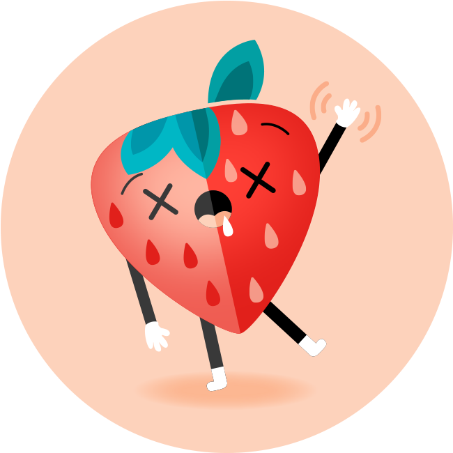 Clip Art 桌布 壁紙 — 一個卡通草莓角色，有X形眼睛和一滴眼淚，在柔和的蜜桃色背景上揮手告別。