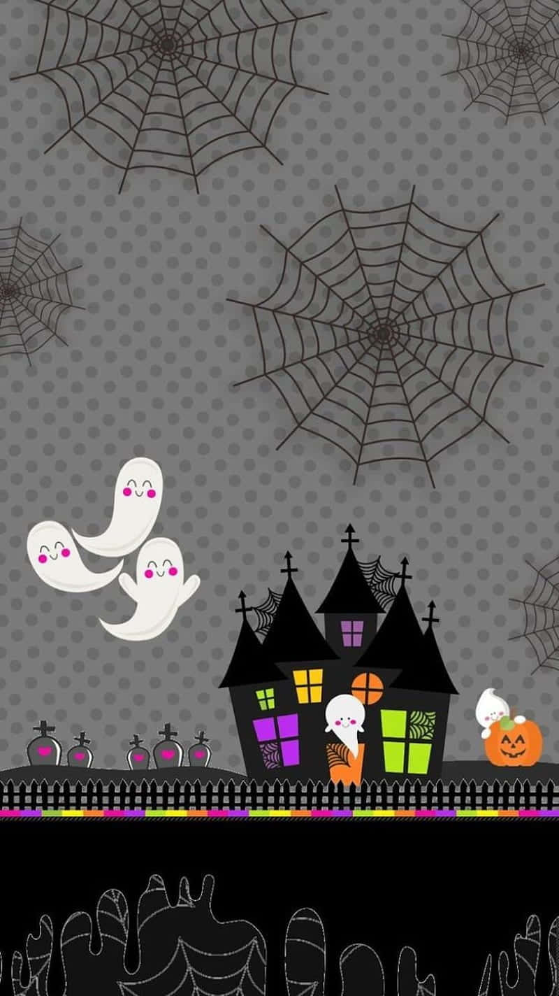 Cute Ghost 桌布 壁紙 — 一個卡通萬聖節場景，有一座陰森的黑房子、微笑的鬼魂、蜘蛛網和一個南瓜，背景是灰色圓點。
