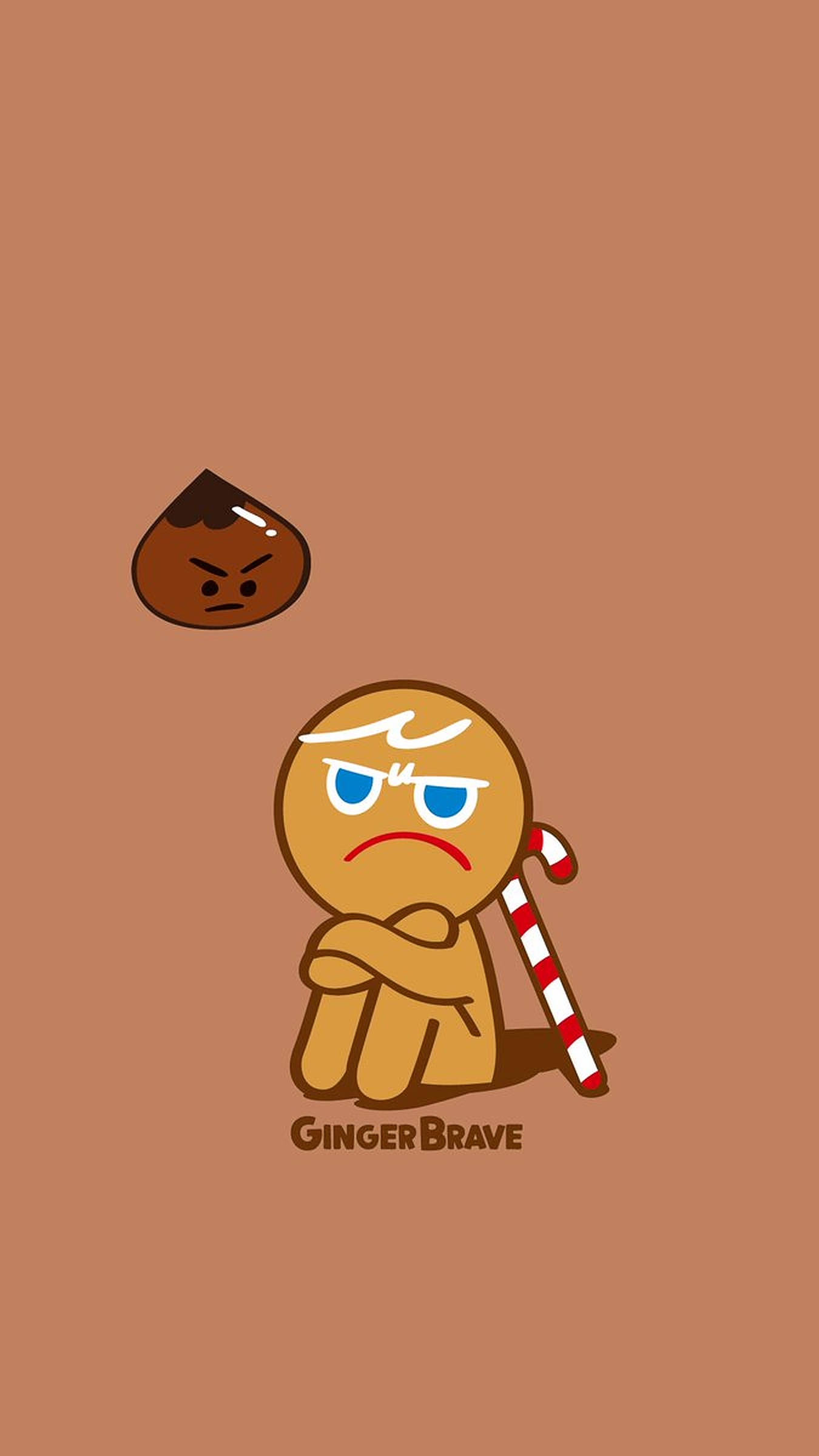 Cookie Run 桌布 壁紙 — 一個卡通薑餅人交叉雙臂並拿著拐杖糖，靠在棕色背景上，而一個帶有憤怒表情的巧克力片漂浮在上方。