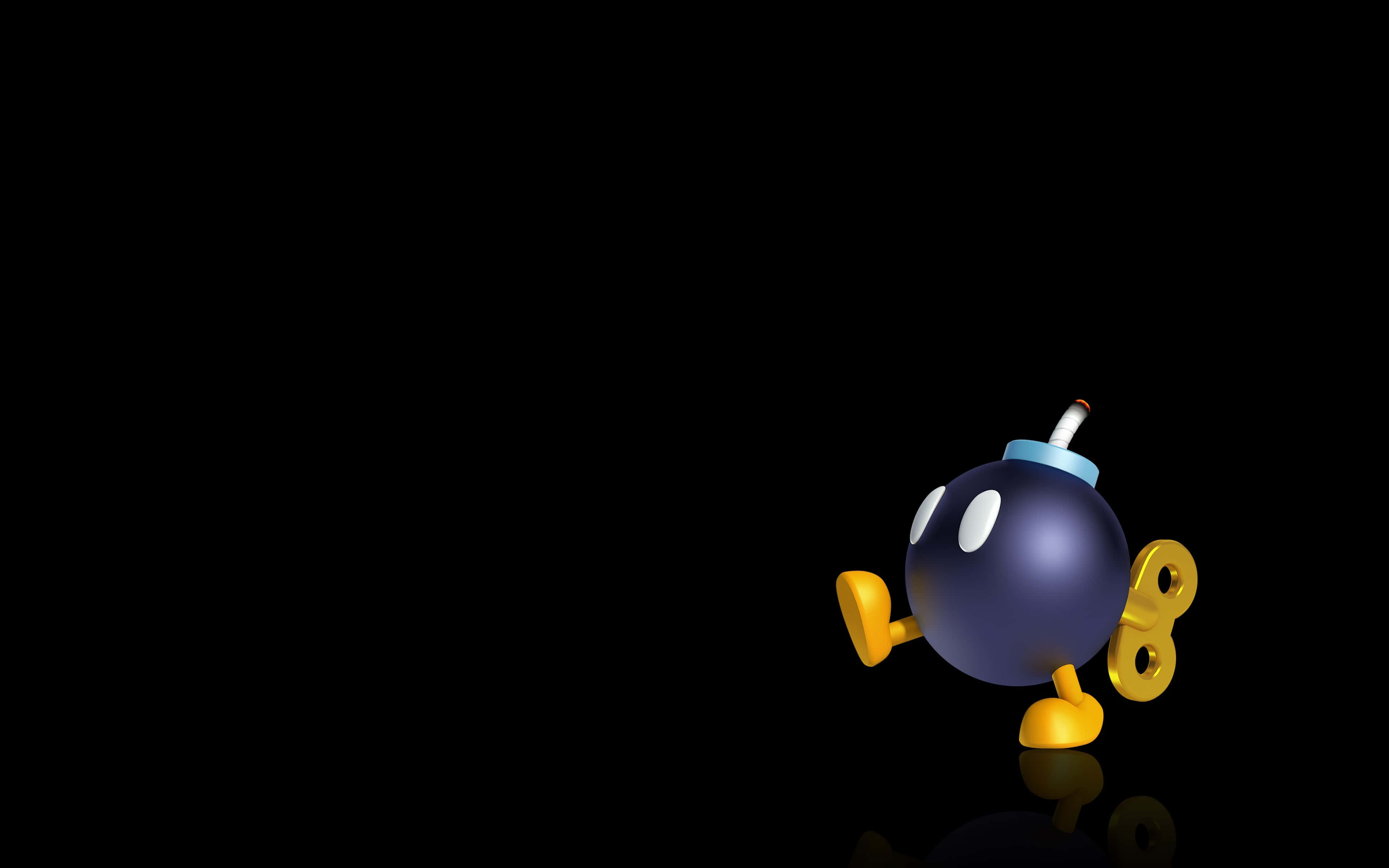 Bob-omb 桌布 壁紙 — 一個卡通藍色炸彈，有黃色四肢和點燃的引信，獨自站在反光的黑色表面上。