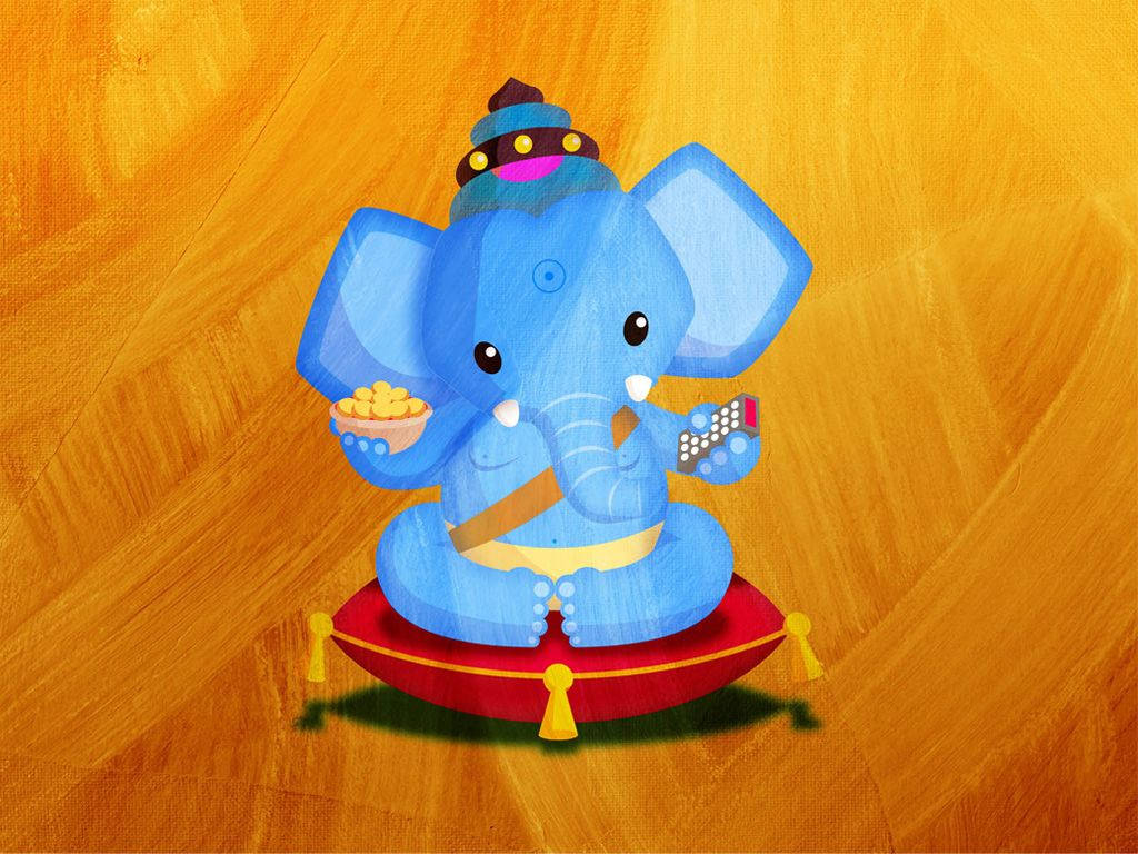 cute ganesha 桌布 壁紙 — 一個卡通藍色象神Ganesha盤腿坐在紅色坐墊上，手裡拿著一碗糖果和一個遙控器，背景是帶有紋理的金色。
