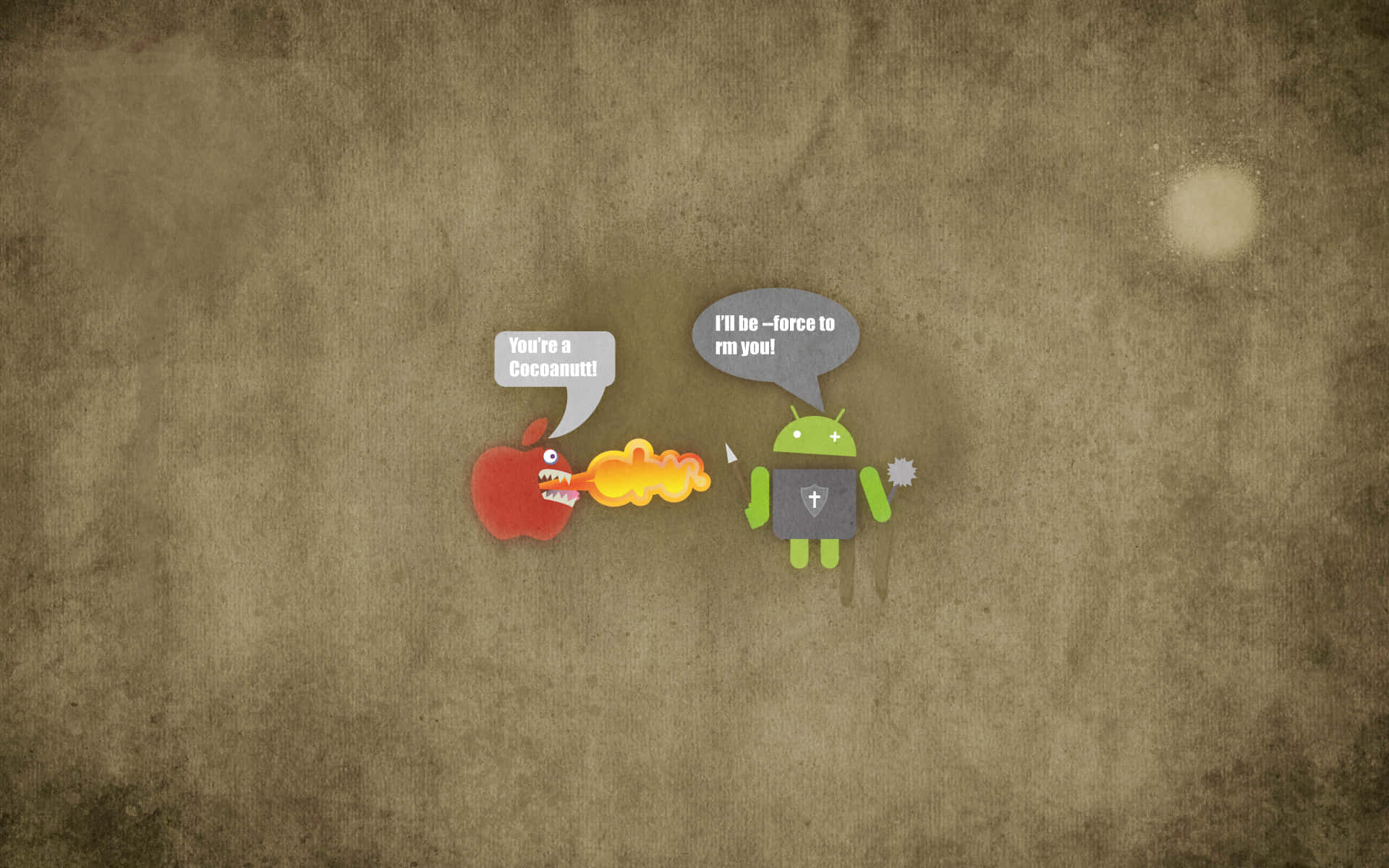 桌布 壁紙 — 一個卡通蘋果和Android吉祥物在帶紋理的棕色背景上以對話氣泡對峙。