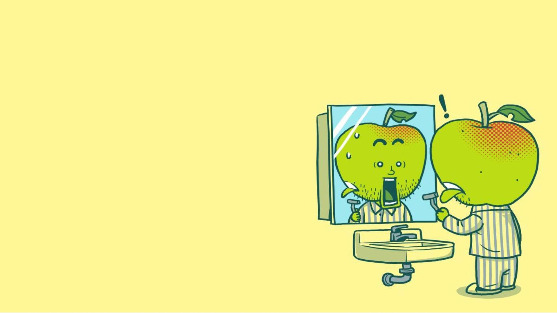 Humor 桌布 壁紙 — 一個卡通蘋果角色穿著條紋睡衣，在淡黃色背景下的洗手盆上方照鏡子刷牙。