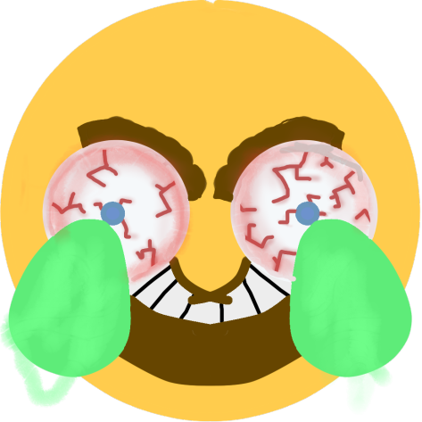 Discord 桌布 壁紙 — 一個卡通表情符號臉，眼睛佈滿血絲，流著綠色眼淚，在黃色背景上狂笑。