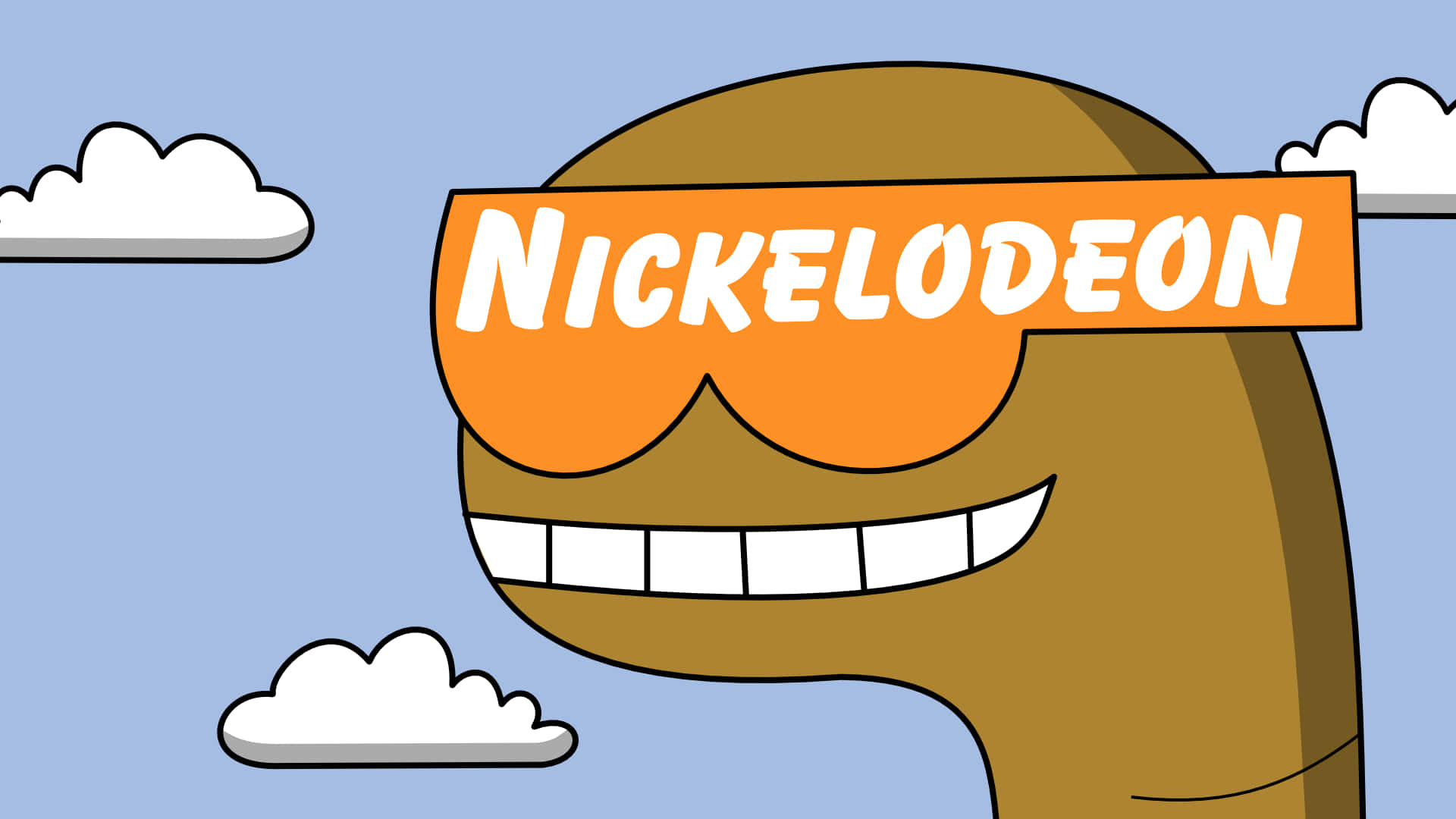nickelodeon 桌布 壁紙 — 一個卡通角色，咧嘴大笑，戴著橙色太陽眼鏡，在藍天白雲背景下展示nickelodeon字樣。