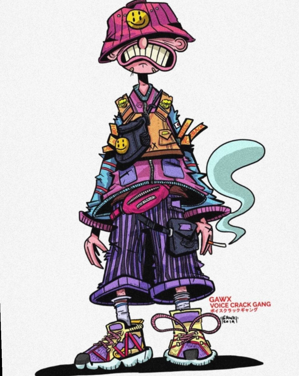 塗鴉動圖 桌布 壁紙 — 一個卡通角色，咧嘴大笑，戴著粉紅色帽子，身穿色彩繽紛的層疊服裝，嘴裡冒出縷縷煙霧。