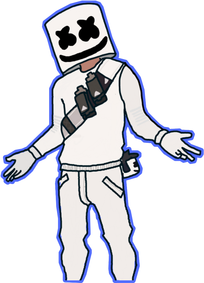 Marshmello 動態圖 桌布 壁紙 — 一個卡通角色，戴著白色棉花糖頭盔和藍色輪廓的服裝，雙臂張開站立。