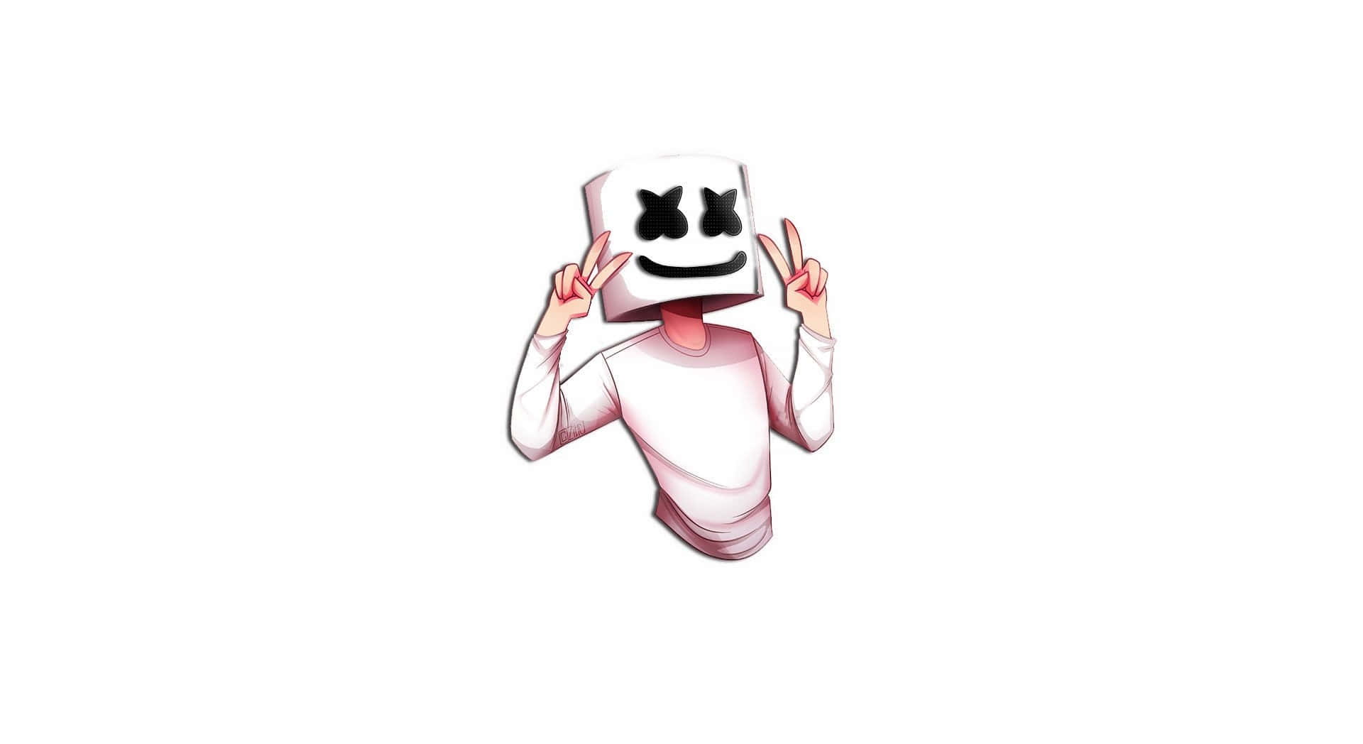 Marshmello 動態圖 桌布 壁紙 — 一個卡通角色，戴著白色棉花糖頭盔，黑色X眼睛，在純白色背景前做出和平手勢。
