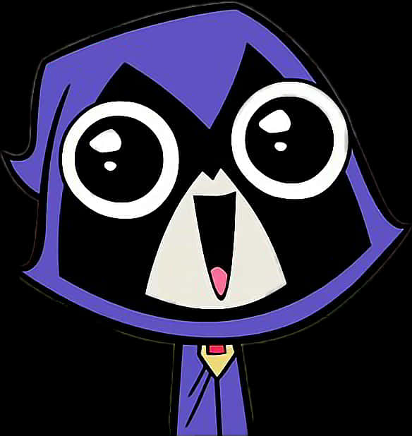 Teen Titans Go Raven 桌布 壁紙 — 一個卡通角色，戴著紫色連帽，眼睛睜大，嘴巴張開，背景為黑色。