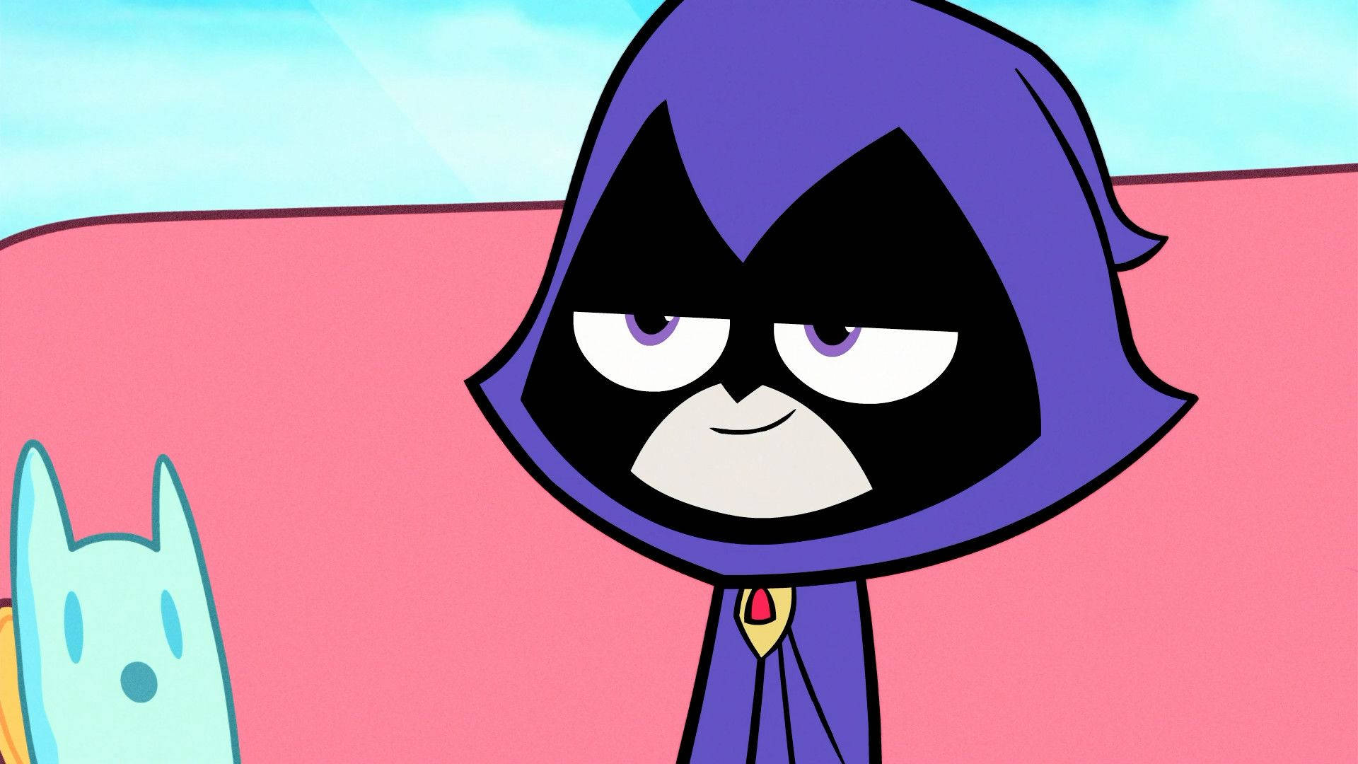 teen titans go 桌布 壁紙 — 一個卡通角色，戴著紫色連帽衫和黑色面具，在粉紅色和藍色背景上冷笑。