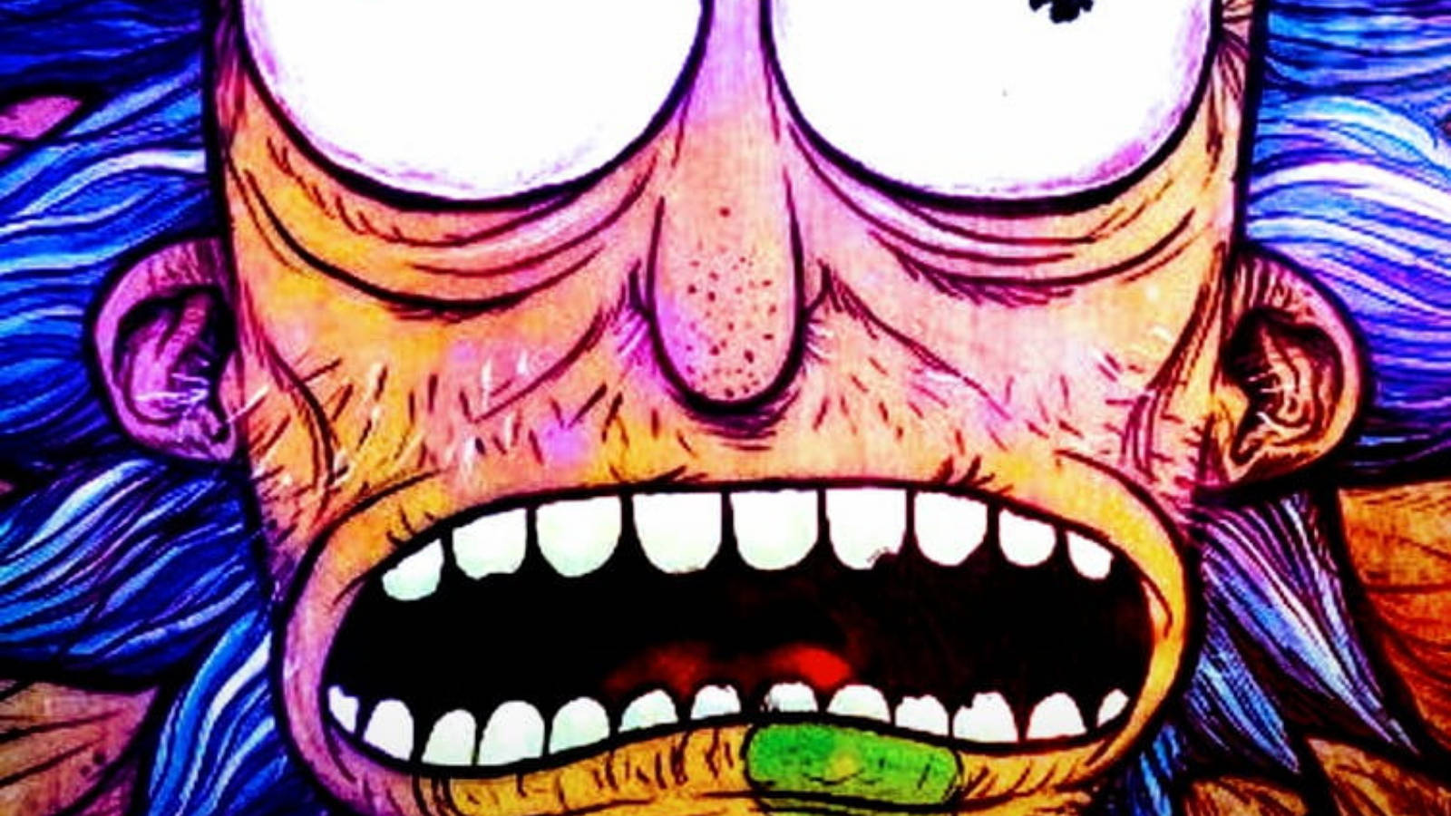 rick 桌布 壁紙 — 一個卡通角色，擁有狂野的藍色頭髮和張開的尖叫嘴巴，手持一個綠色物體。