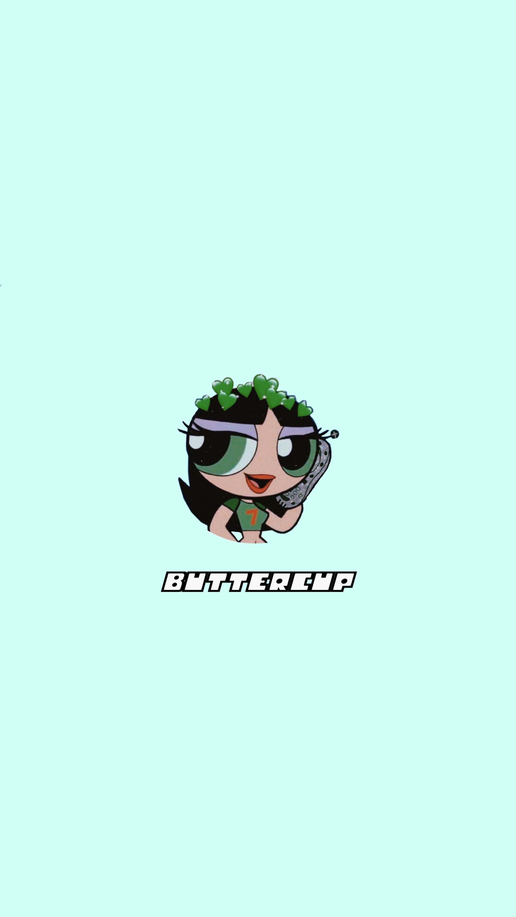 Buttercup Aesthetic 桌布 壁紙 — 一個卡通角色，擁有綠色眼睛和葉子皇冠，在淺薄荷色背景前拿著手機。