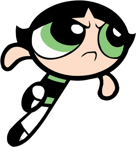 Powerpuff Girls 桌布 壁紙 — 一個卡通角色，擁有綠色眼睛和黑色頭髮，在黑色背景前以堅定的表情向前飛翔。