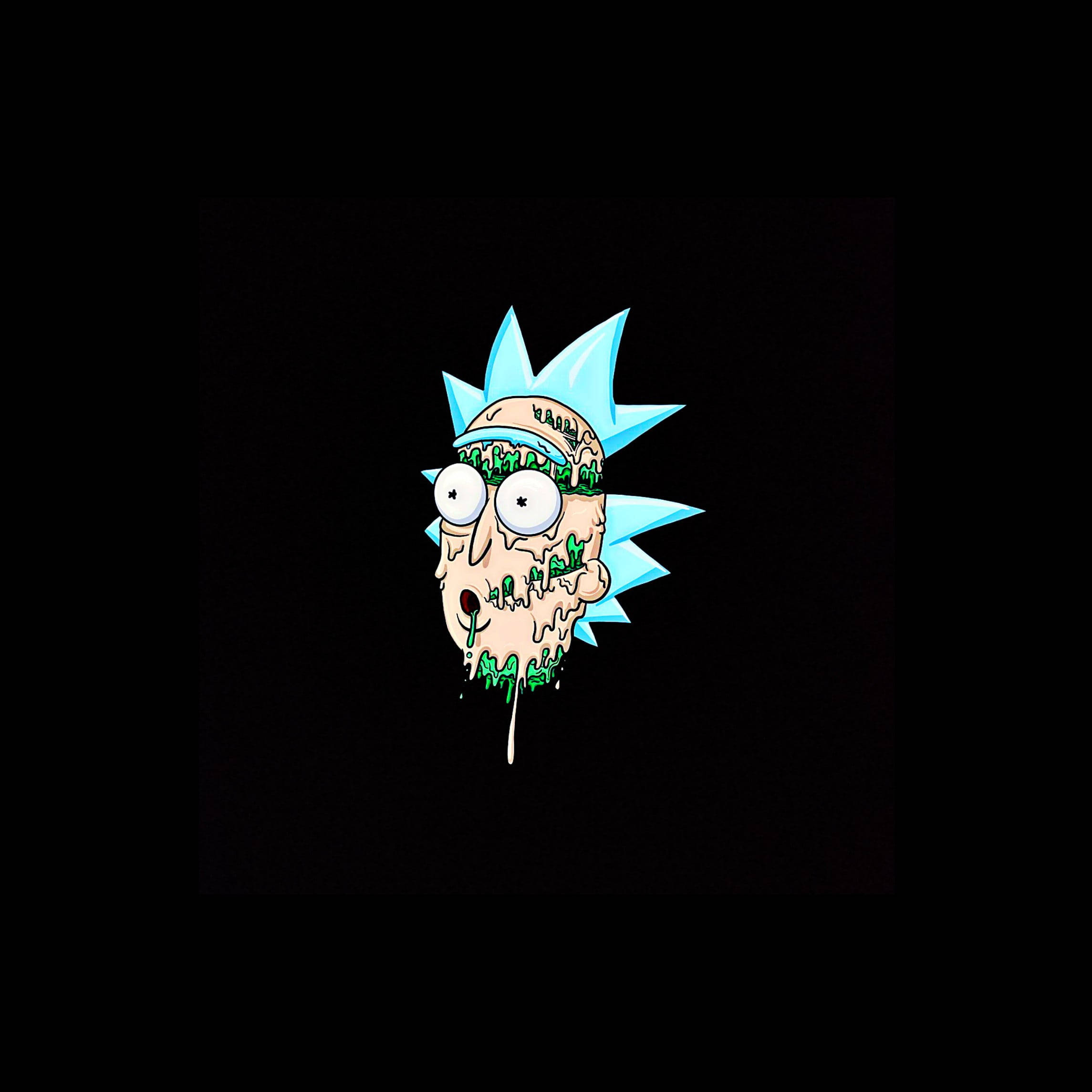 rick 桌布 壁紙 — 一個卡通角色，擁有藍色尖刺頭髮，綠色黏液從臉上滴下，背景為黑色。