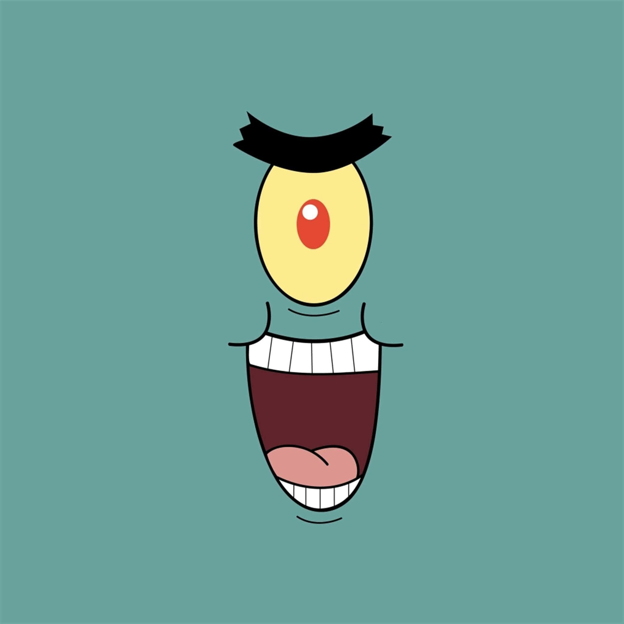 Funny Patrick 桌布 壁紙 — 一個卡通角色，有一隻眼睛和一張張開的大嘴，露出牙齒和舌頭，背景是青綠色。