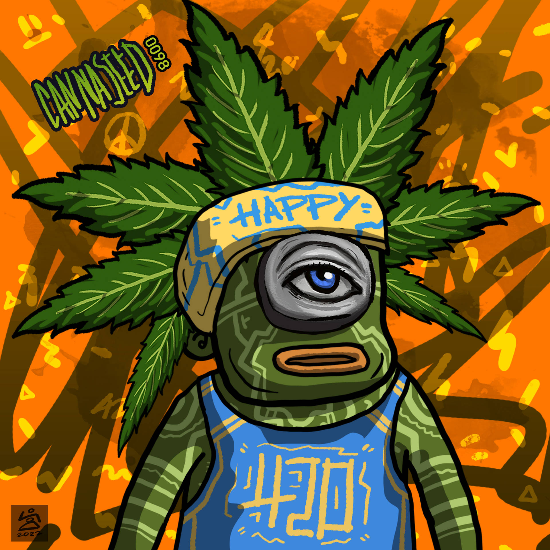  壁紙 — 一個卡通角色，有一隻藍色眼睛，頭髮是大麻葉，戴著寫有「HAPPY」的頭帶，背景是火熱的橙色。