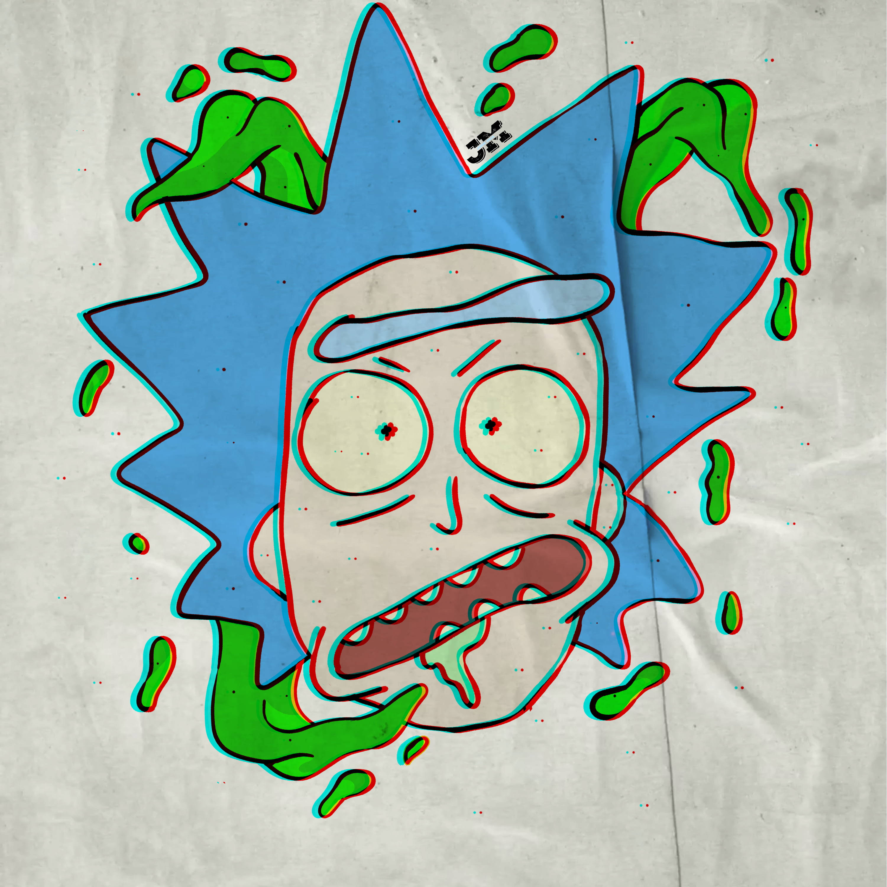 rick 桌布 壁紙 — 一個卡通角色，有尖刺的藍色頭髮和綠色黏液濺在他震驚的臉上，背景有紋理。