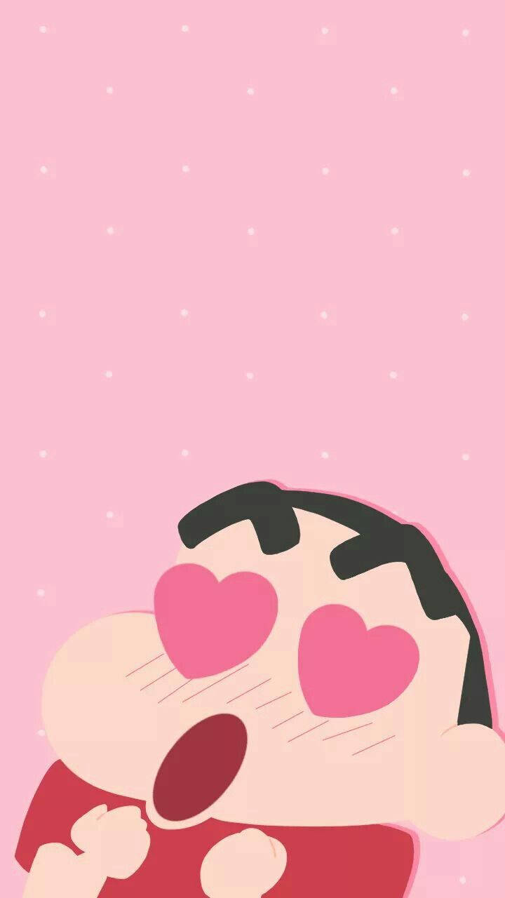 shin chan iPhone 桌布 壁紙 — 一個卡通角色，有心形眼睛和紅色襯衫，在帶有白色圓點的粉紅色背景上向上看。