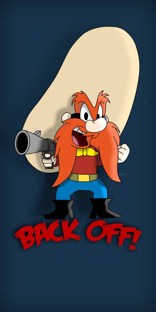 Yosemite Sam 桌布 壁紙 — 一個卡通角色，有橙色頭髮和大鬍子，拿著槍，對著深藍色背景大喊「back off」。