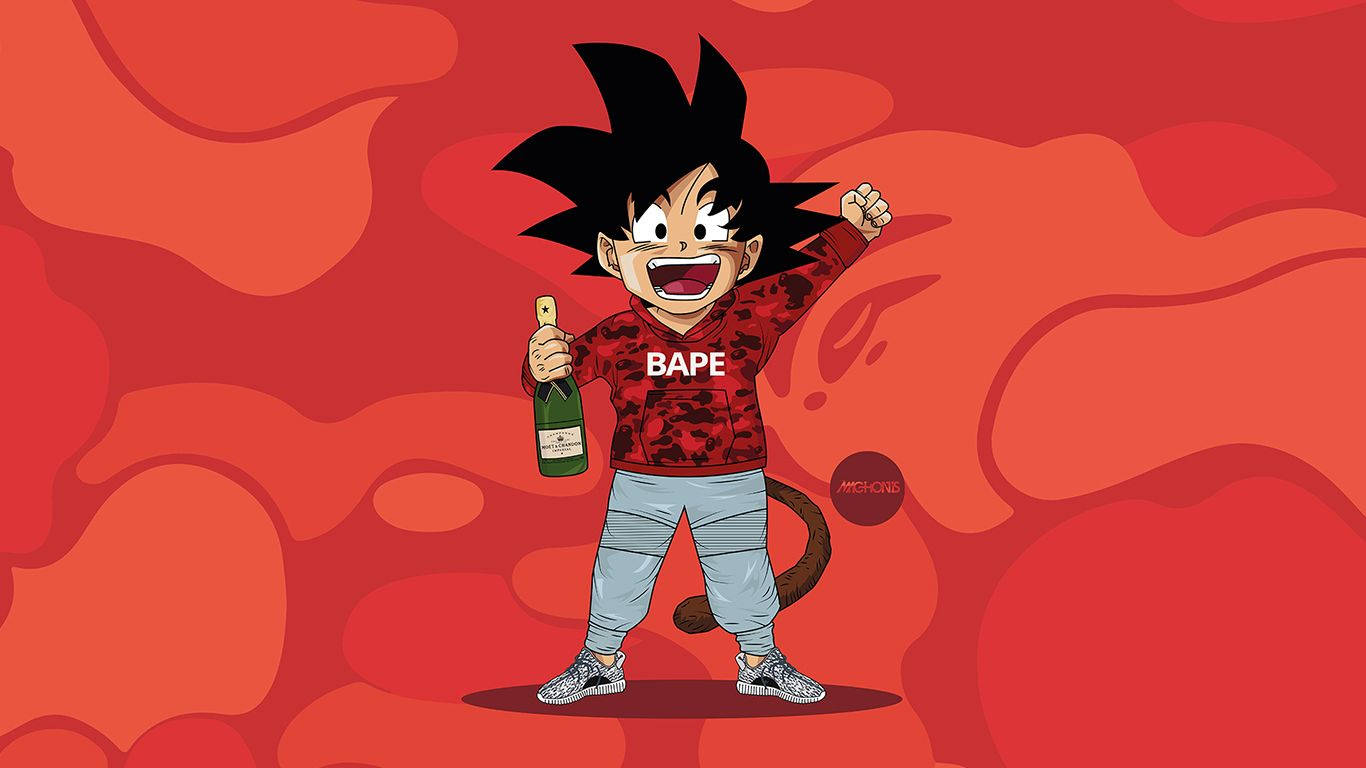 Bape 動態 桌布 壁紙 — 一個卡通角色，有著刺刺的黑髮和猴子尾巴，手持香檳瓶，在火紅的抽象背景前歡呼。