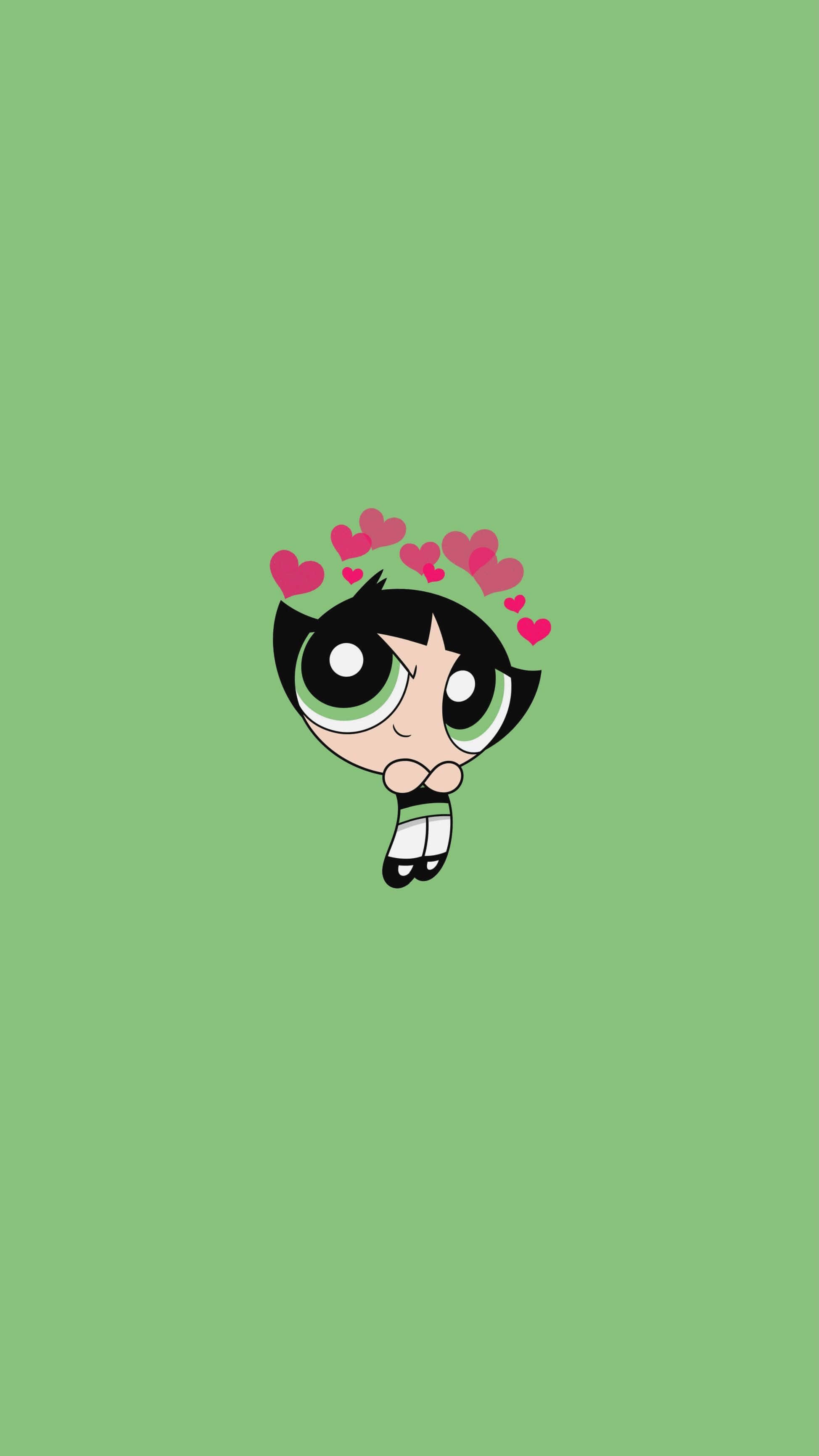 Buttercup Aesthetic 桌布 壁紙 — 一個卡通角色，有著大大的綠色眼睛和粉紅色愛心漂浮在頭頂上方，背景為純綠色。