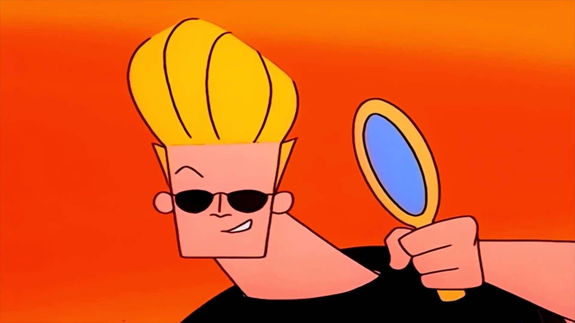 Johnny Bravo 桌布 壁紙 — 一個卡通角色，有著尖刺金髮和太陽眼鏡，在火橙色背景前拿著手鏡。