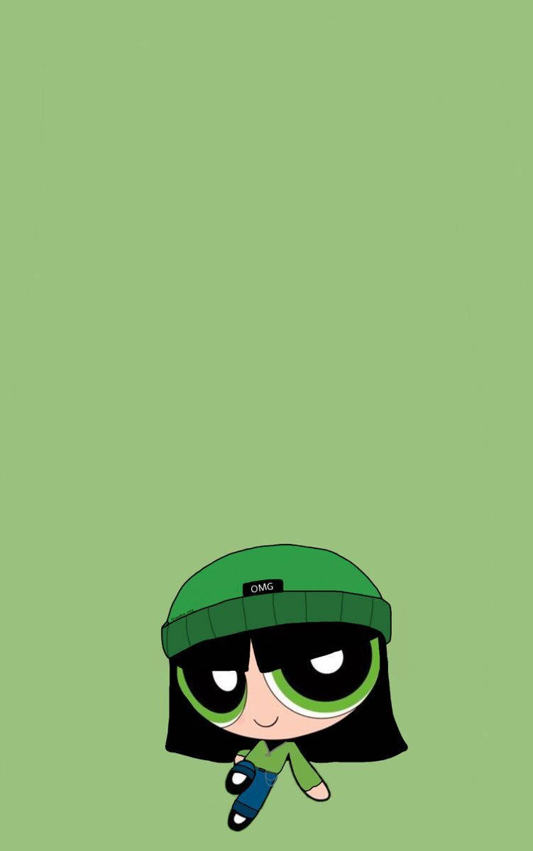 powerpuff girls baddie 桌布 壁紙 — 一個卡通角色，有著綠色眼睛和綠色無邊帽，漂浮在純淺綠色背景上。