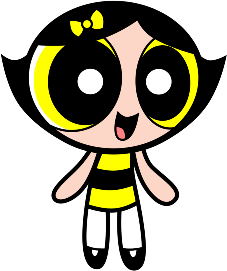 Powerpuff Girls 桌布 壁紙 — 一個卡通角色，有著超大的黃色邊框眼睛和一個黃色蝴蝶結，在黑色背景上微笑。