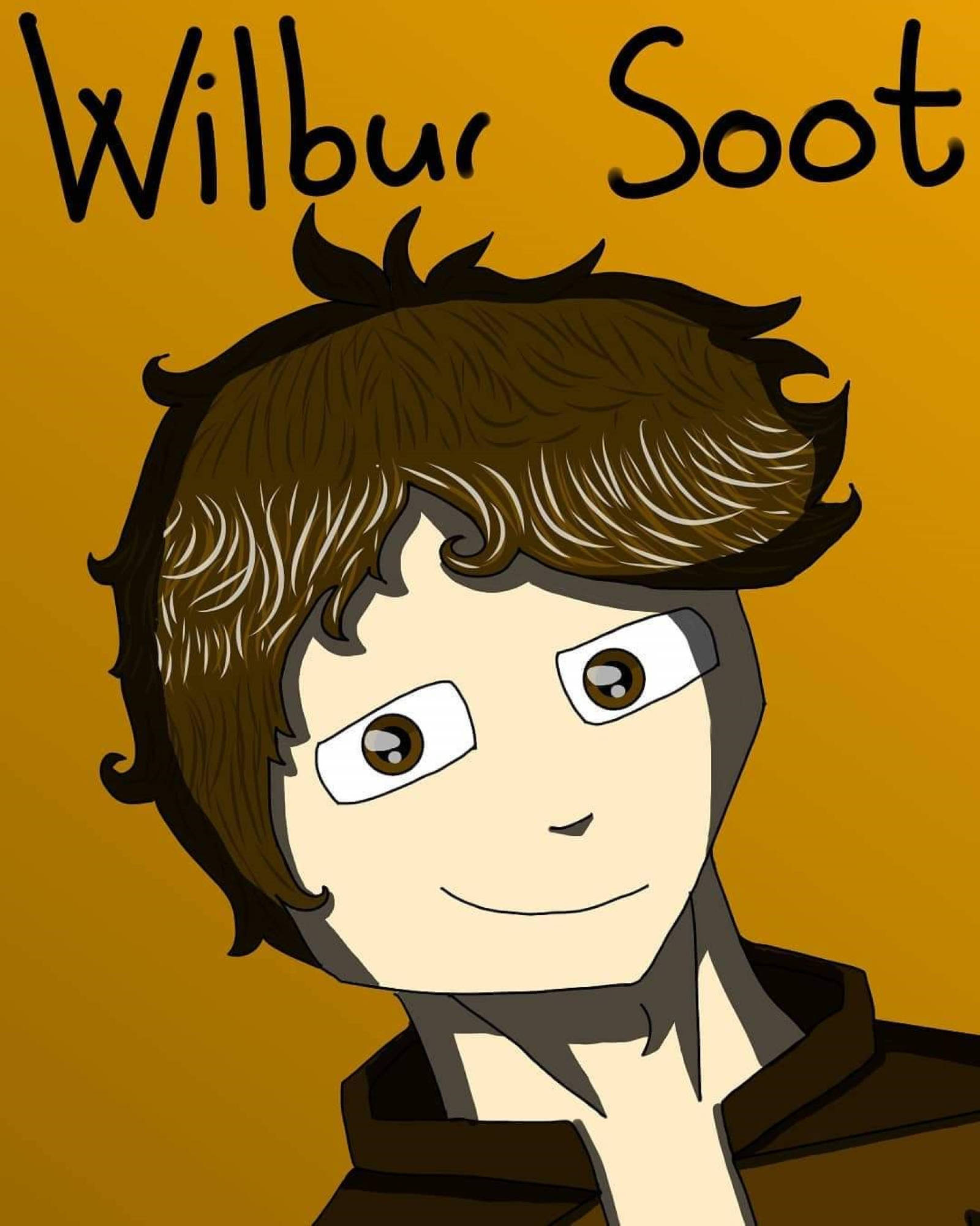 Wilbur 桌布 壁紙 — 一個卡通角色，棕色頭髮，大眼睛，在純橙色背景上微笑，上方寫有名字 Wilbur Soot。