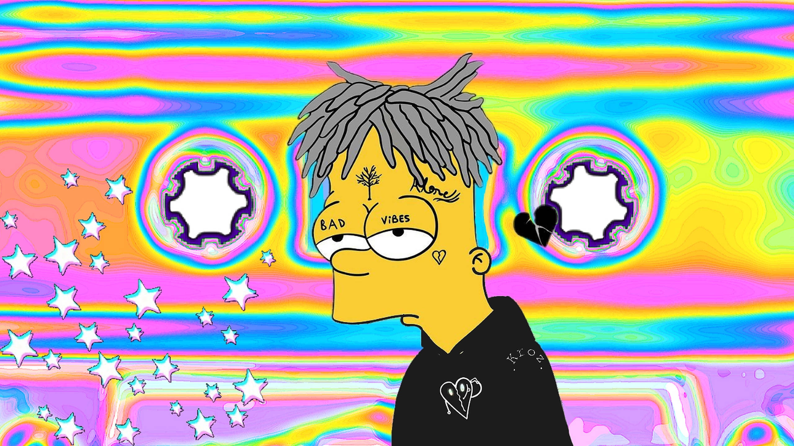 Simpson 桌布 壁紙 — 一個卡通角色，灰色辮子，臉上紋有「BAD VIBES」，站在帶有星星和發光圓形圖案的迷幻彩虹背景前。