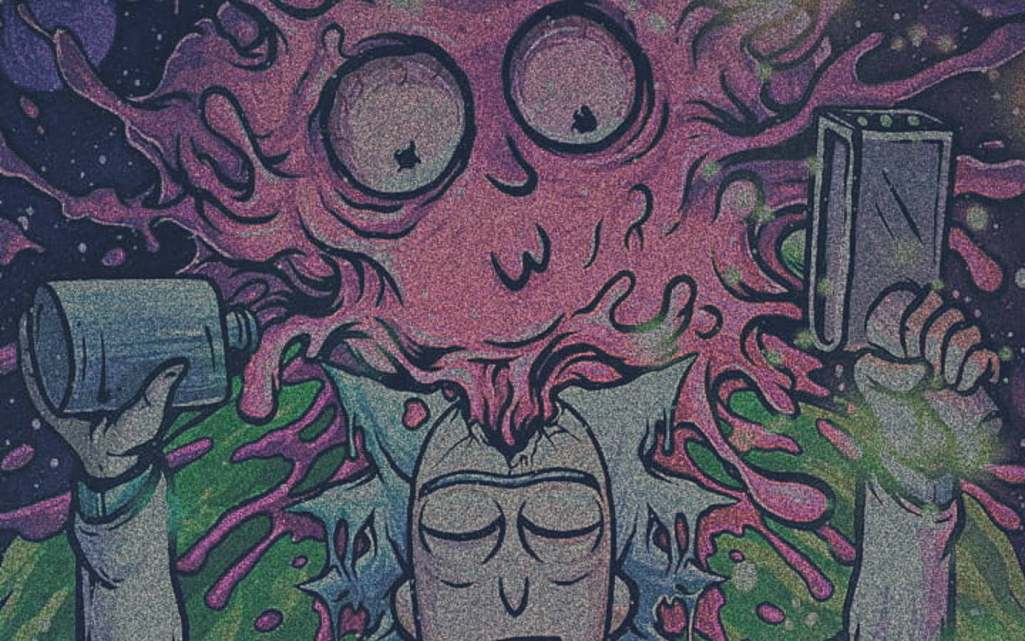 rick 桌布 壁紙 — 一個卡通角色，眼睛睜大，頭部噴出紫色黏液，同時手持兩個罐子，背景是星空。