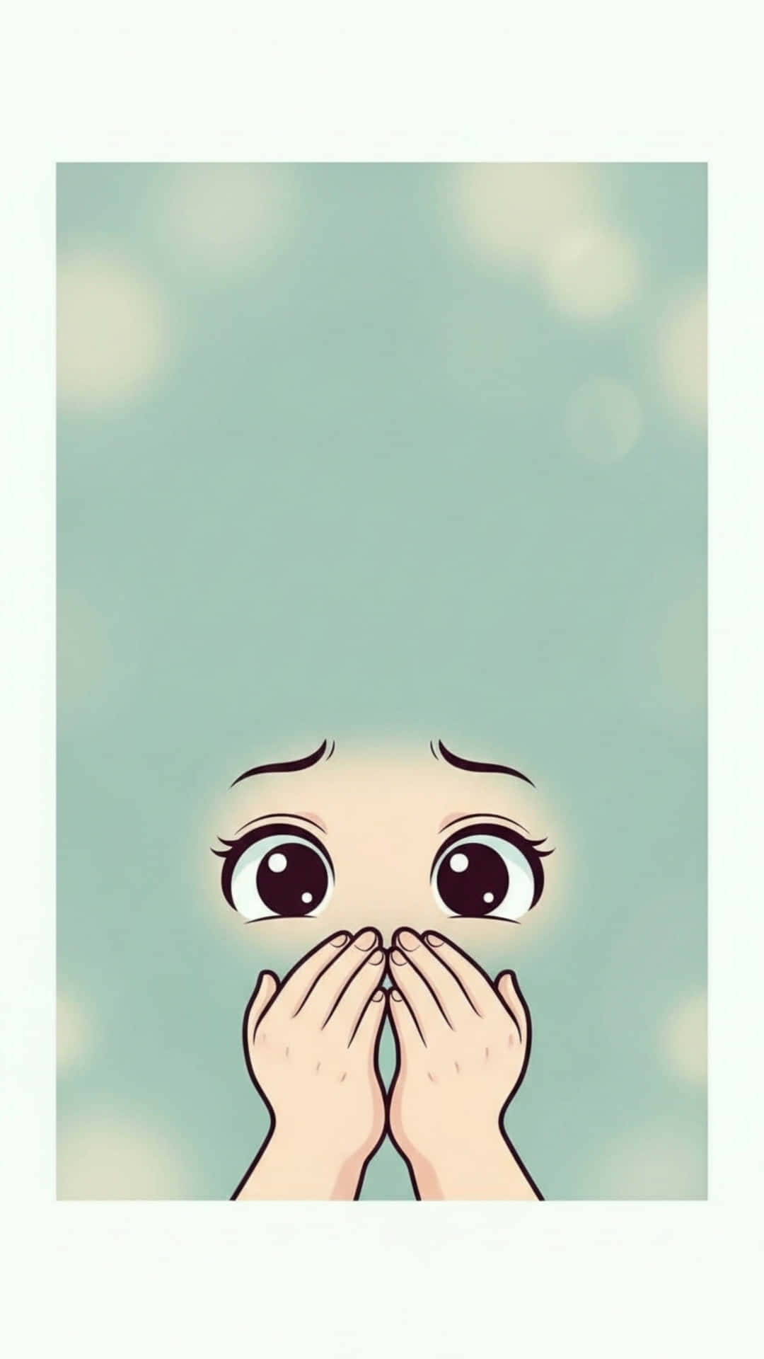 Shy Kawaii Face Hiding Behind Tiny Hands, Muted Mint Green Background with Bokeh Lights 壁紙 — 一個卡通角色，睜大眼睛，雙手捂住嘴巴，背景是柔和的青綠色散景。