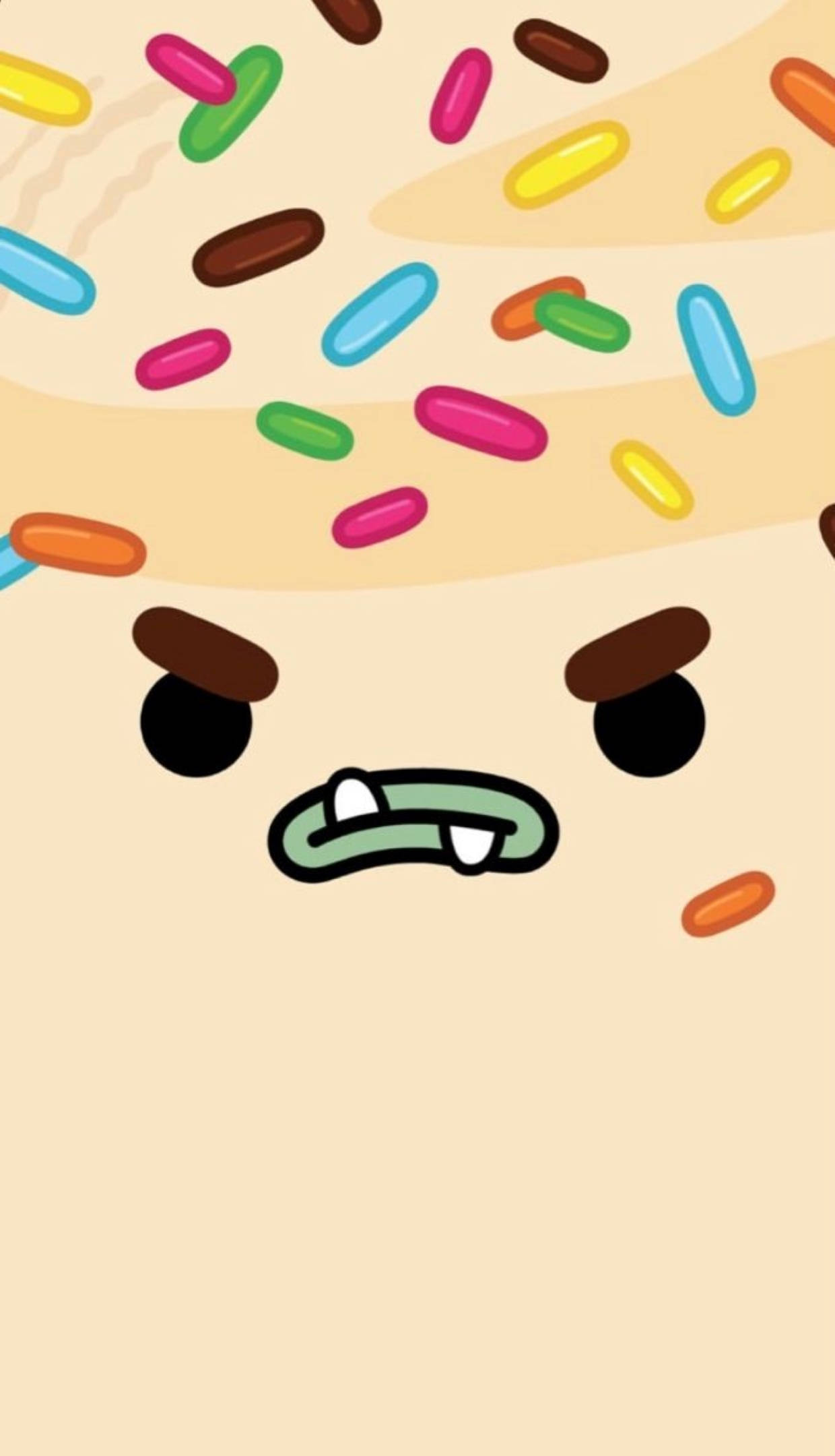 Toca 桌布 壁紙 — 一個卡通角色，臉上帶著不高興的表情，覆蓋著彩色糖粒，背景是奶油色。