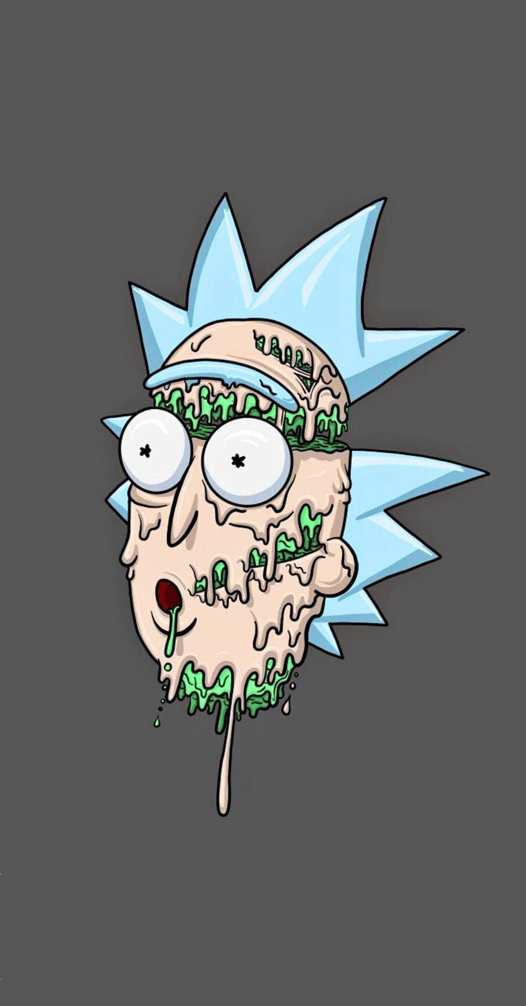 rick 桌布 壁紙 — 一個卡通角色，臉部融化，綠色黏液滴落，背景為深灰色。