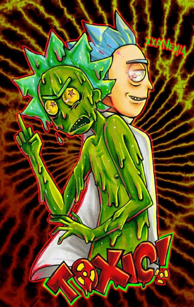 Total Rickall 桌布 壁紙 — 一個卡通角色，身上滴著綠色黏液，頭髮豎起，在火焰背景前比出中指。